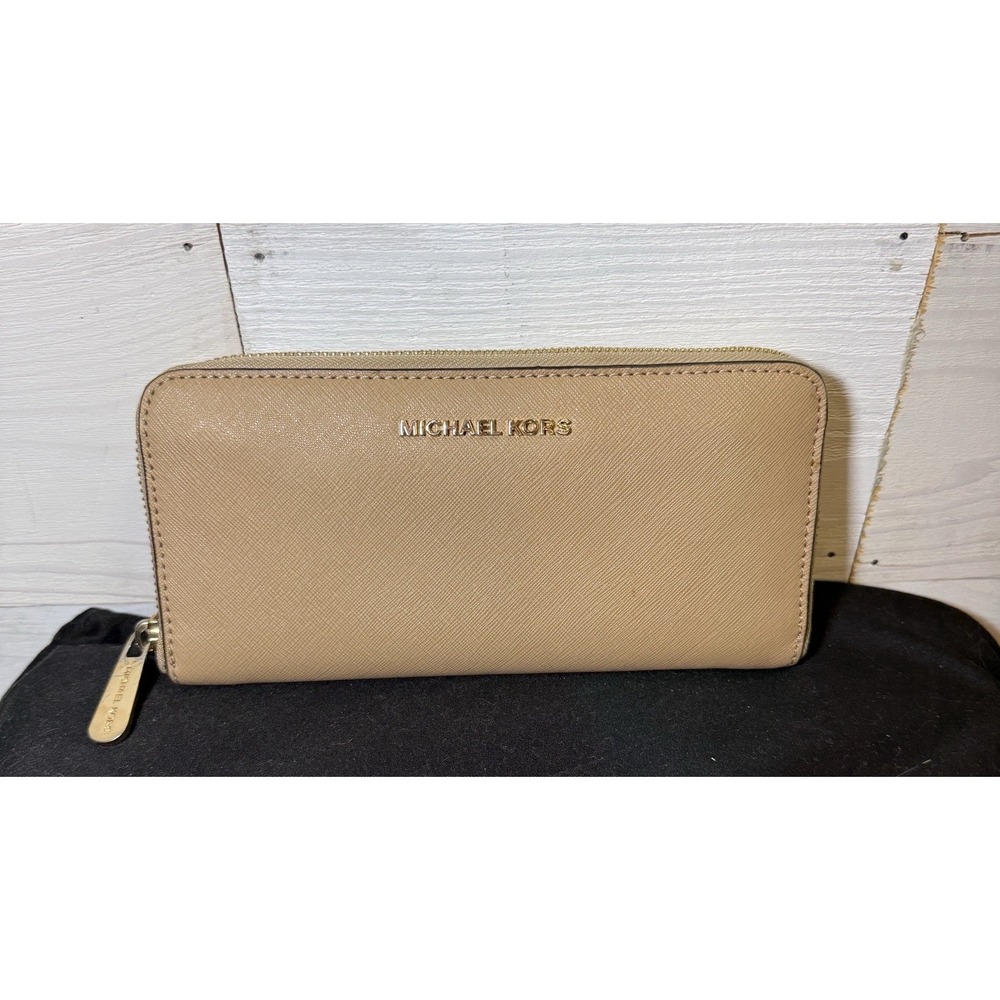 Michael Kors Women Camel Saffiano Leather Zip Around Wallet